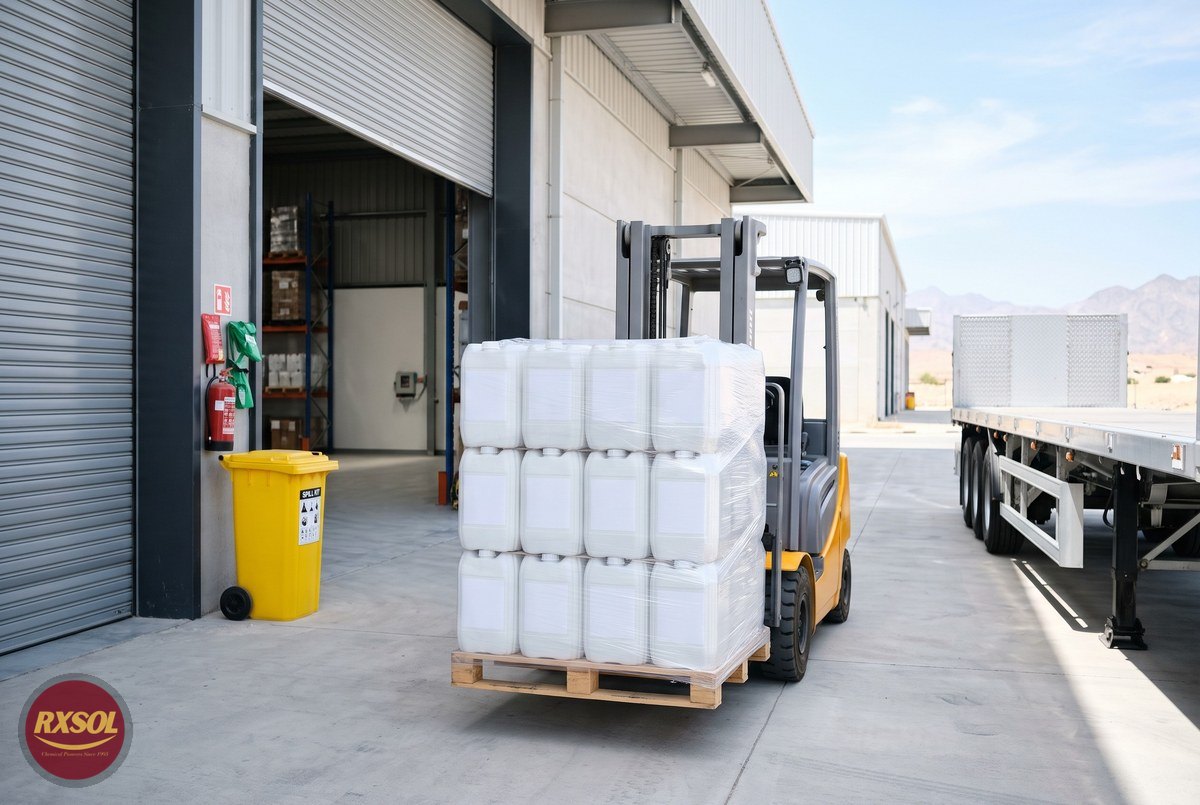Pallet of white 25 litre jerry cans of rust remover on a forklift at our Barka warehouse, Oman, for delivery to Sohar