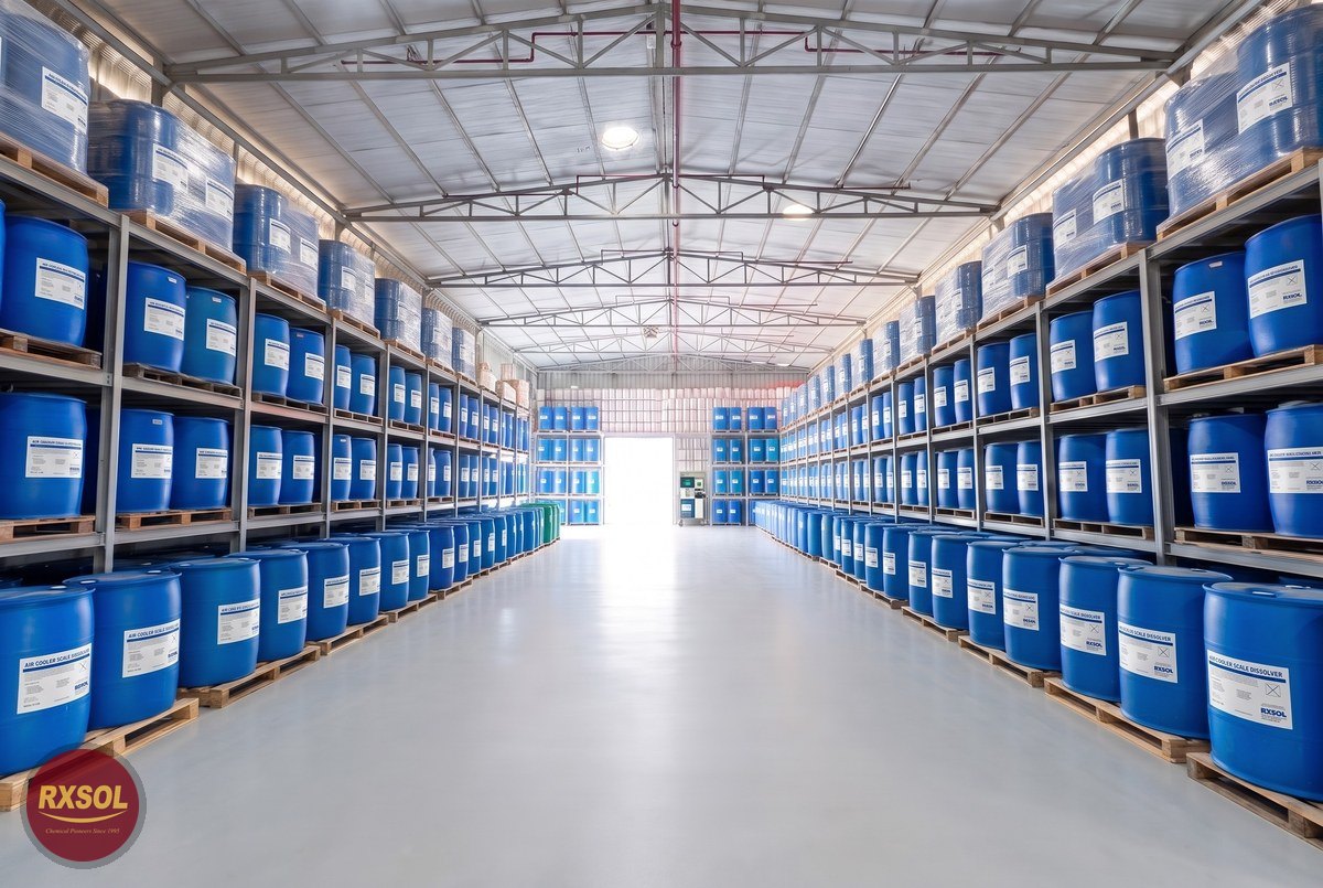 Sealed packs of Air Cooler Scale Dissolver on pallets in our Barka warehouse, Oman